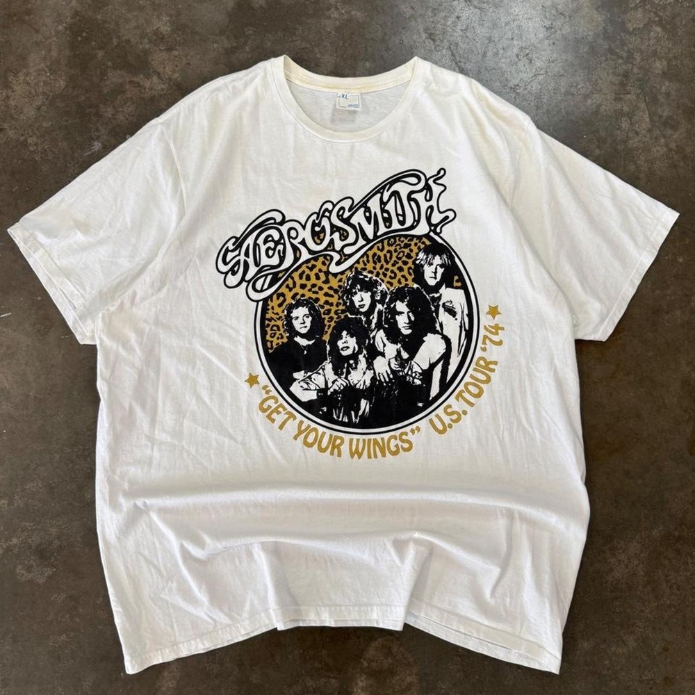 Vintage Aerosmith Get Your Wings U.S. Tour 74 Band Tee Cream Mens 2XL Y2K Rock
